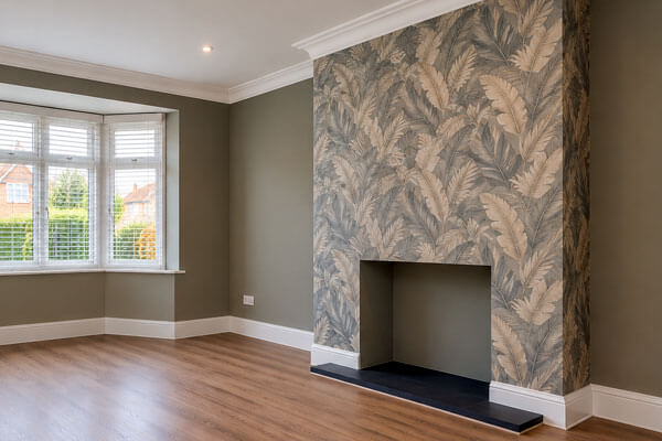 Living room with freshly painted walls and a wallpaper feature wall